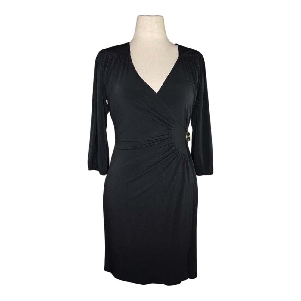 Laundry by Shelli Segal Black Faux Wrap Dress Gold Buckle Detail Size 10